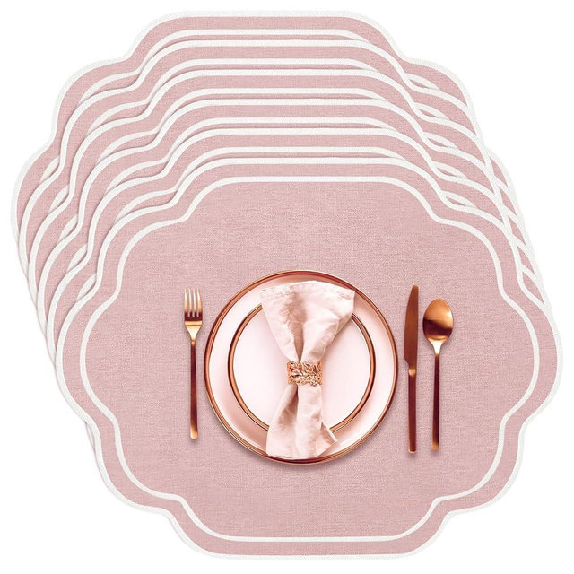 Breling 6 Pcs Pink Wedding Placemats Scalloped Embroidered Cotton Linen Placemats 17" x 13" Double Layered Machine Washable Table Place Mat for Party Table Decor (Cotton)