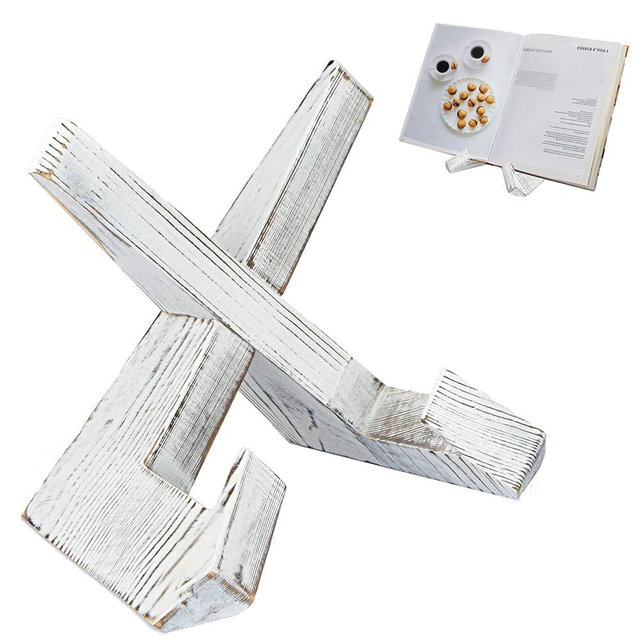 YUNKWONG Cross Design Cookbook Stand - Beautiful Wood Texture, Stable Structure - Wooden Recipe Book Holder- Multifunctional Display Stand, Kitchen Counter Decor - White