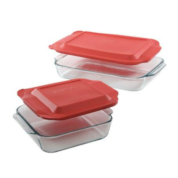Pyrex 4pc Bakeware Value Set Red: Glass Baking Dishes, Microwave & Dishwasher Safe, 3qt & 8" Square with Covers