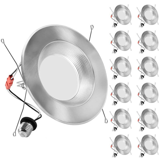 ZYC Brushed Nickel Recessed Lighting 6 Inch，12 Pack Recessed LED Retrofit Lighting，2700-5000K 5CCT Selectable, Damp Rated Can Lights, Baffle Trim, 15W 1200Lm(Brushed Nickel, 6 inch)