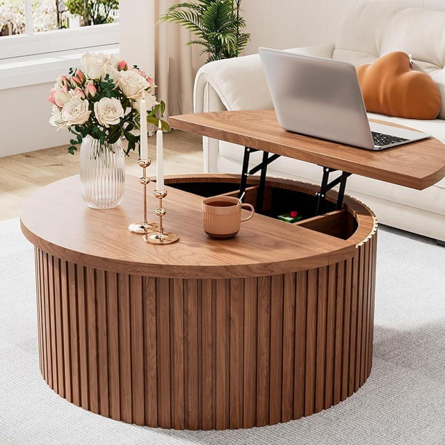 Fsbecl Fluted Lift Top Coffee Table with Hidden Storage, 31.6 Inch Round Coffee Tables for Living Room, Circle Wood Center Tables for Home (Walnut)