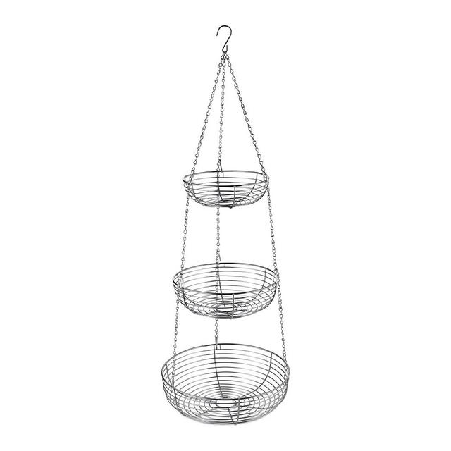 CAXXA 3-Tier Hanging Basket Fruit Organizer Kitchen Heavy Duty Wire Organizer with 2 Free Bonus Metal Ceiling Hooks, Chrome