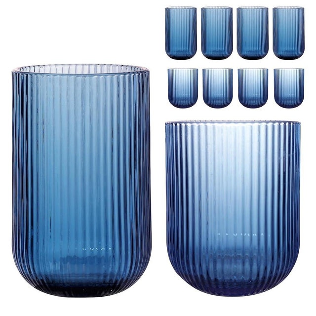 WeirdUncle Set of 8 Ribbed Glassware,4 Highball Glasses 14oz & 4 Rocks Drinking Glasses 9oz, Blue, Origami Style, Fluted Design, for Milk, Water, Cocktail, Juice, Beer, ToothBrush Cup, Gift (Blue)
