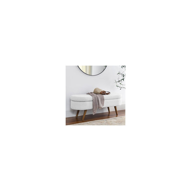 Oval Linen Storage Bench with Rubber Wood Legs For Entryway Living Room Bedroom End of Bed, White 43.5*16*16in