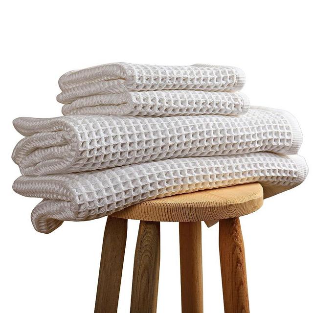 Püskül - 4 Pieces Waffle Towel Set for Bathroom - 2 Hand Towels - 2 Bath Towels - Premium%100 Turkish Cotton Waffle Weave (White)
