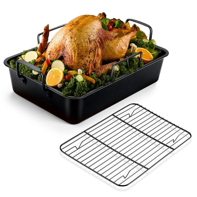 Joyfair 15.3’’ Nonstick Roasting Pan with Rack Set, Heavy Duty Large Roaster Pan for Turkey Chicken Rid Beef, Including Flat Rack/Removable V-rack, Stainless Steel Core Coated with  Nontoxic Coating
