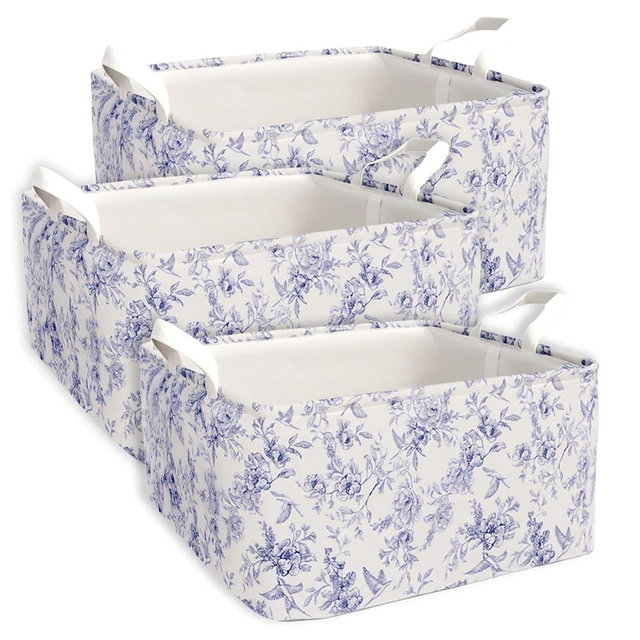 Blue Floral Storage Basket, Kids Large Flowers Storage Bins Box with Handles, Girls Shelf Basket Ideal for Room Nursery Decor, Books, Organizing Clothes, Toys (Blue floral)