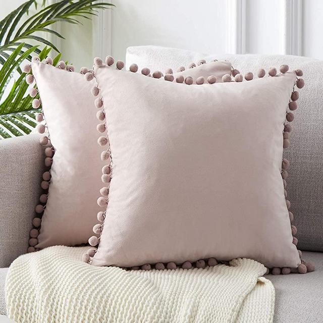 Top Finel Decorative Throw Pillow Covers for Couch Bed Soft Particles Velvet Solid Cushion Covers with Pom-poms 20 x 20 Inch 50 x 50 cm, Pack of 2, Blush Pink