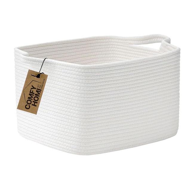 COMFY-HOMI Cotton Rope Woven Basket With Handles for Shelf, Pet Toy, Book, Cloth Storage Basket-13.5" x 11" x 9.5" Nursery Cube Bin,Decorative Storage Organizer for Living Room, Bathroom（white）