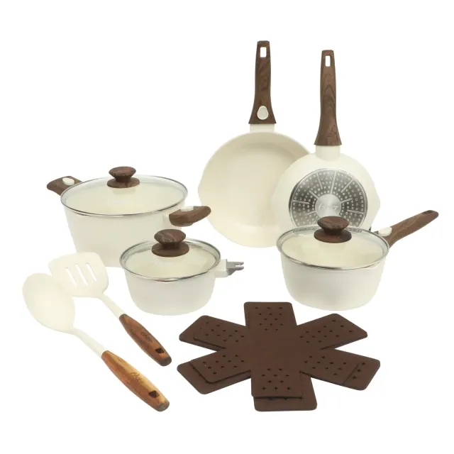 Oster SmartHandle Advance 18-Piece Ceramic Nonstick Cookware Set – Detachable Handles, with Utensils & Pan Protectors - Linen