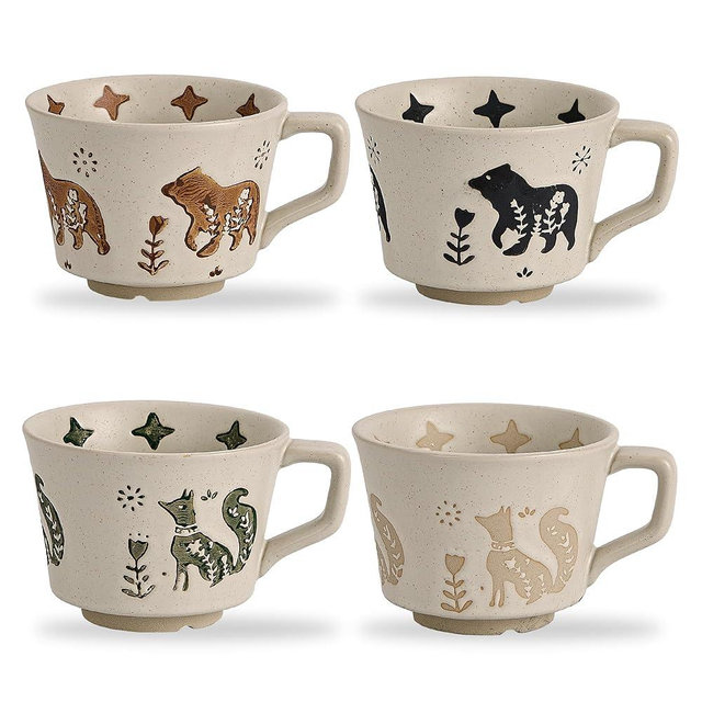 Swuut 12oz Rustic Ceramic Coffee Mug Set of 4 - Handmade Pottery Countryside Coffee Mugs with Big Handle for Latte,Tea,Milk,Hot Cocoa,Dishwasher & Microwave Safe(Animals)