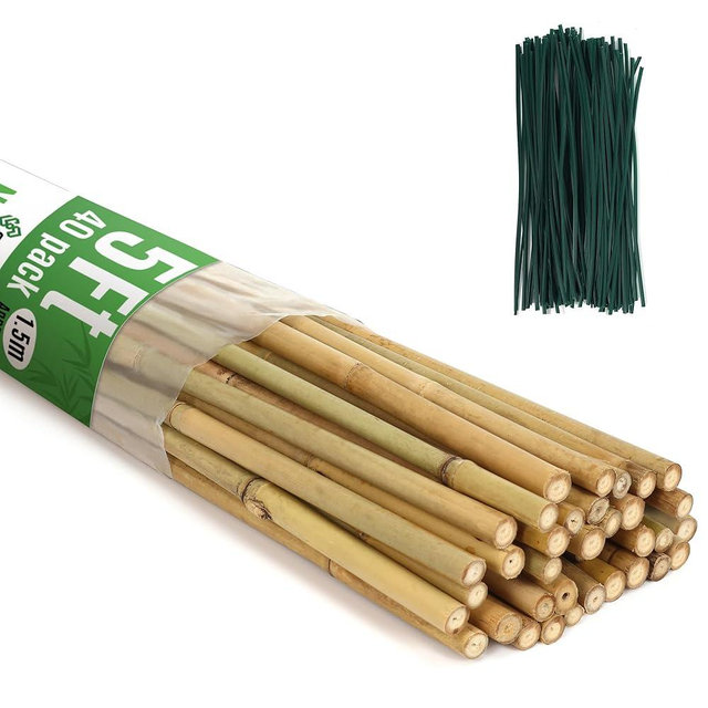 SWANGSA 40 Pack Bamboo Stakes for Plant 5 Feet(57.5inch), Bamboo Sticks Plant Support Garden Stakes Poles with 200pcs Twist Ties for Tomatoes, Beans, Potted Plants, Indoor and Outdoor Climbing Plants