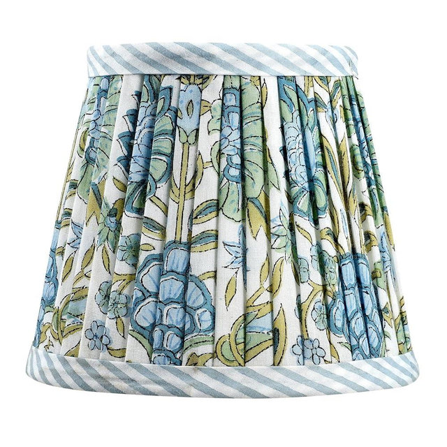 Ridhi Pleated Block Print Lamp Shade Asparagus Green Floral Medium 4" Top x 6" Bottom x 5" High Spider with Harp and Finial Fitting, For Home Café And Restros