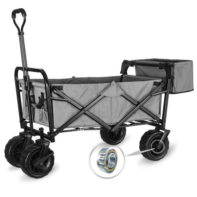 WHITSUNDAY Collapsible Folding Garden Outdoor Park Utility Wagon Picnic Camping Cart with Fat Wheel Bearing and Brake (Standard Size(Plus+) 8" Heavy Duty Wheels, Grey)