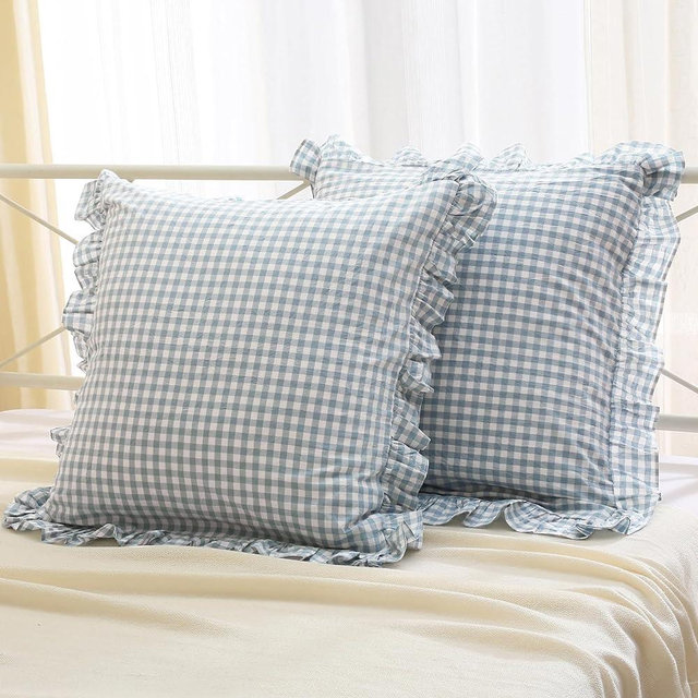 K MASANIJI 2PACK Dusty Blue White Plaid Euro Pillow Shams 26x26 inches, 100% Cotton Checkered Gingham French Country Rustic Ruffle Bed Pillow Covers (26x26 inches, Dust Blue/White Plaid)
