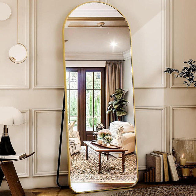 HARRITPURE Arched Full Length Mirror - 64" x 21" Large Floor Mirror Aluminum Frame Dressing Mirror with Stand for Bedroom/Living Room Wall Mounted, Gold