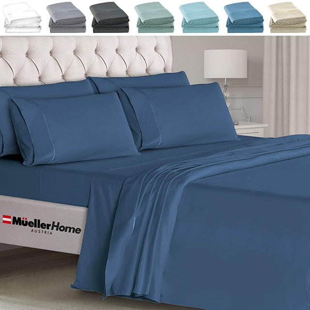 Mueller Ultratemp Bed Sheets Set, Super Soft 1800 Thread Count Egyptian 18-24 Inch Deep Pocket Sheets, Transfers Heat, Breathes Better, Hypoallergenic, Wrinkle, 6Pc, Navy King