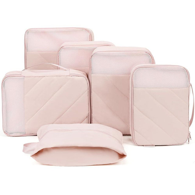 NISHEL 6 Set Packing Cubes for Travel, Luggage Organizer Bags with Shoe Bag, Lightweight, Durable Space Saver Bags Travel Essentials, Pink