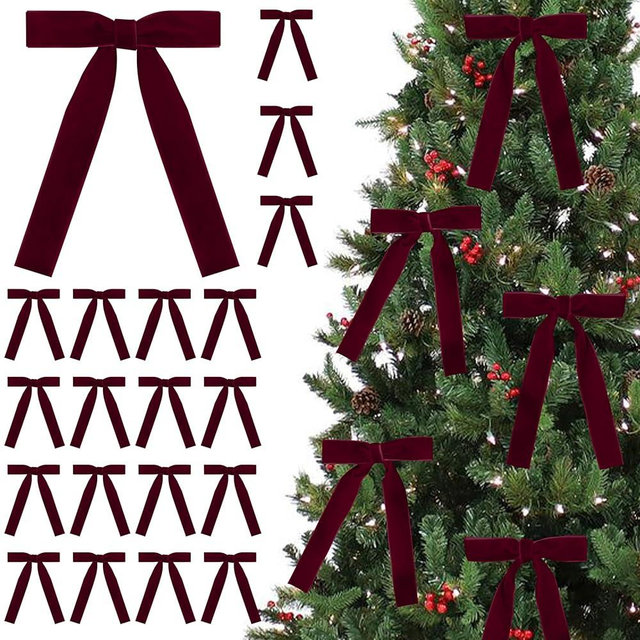SIMISI RIBBON 24 Pcs Burgundy Velvet Bows Christmas Tree Ornaments Vintage Ribbon Bow for Tree Garland Wreath Rustic Crafts Gift Indoor Outdoor Xmas Decorations