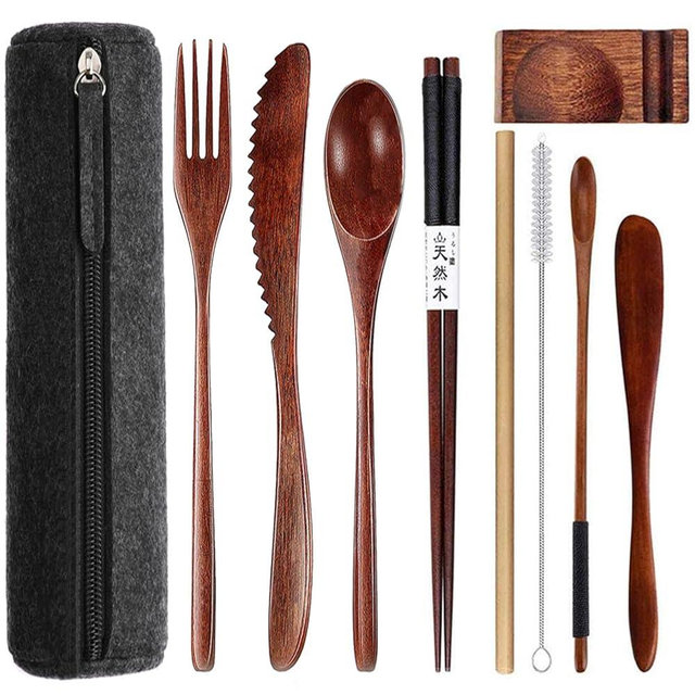 Busnos Wooden Utensils for Eating wooden cutlery set with Updated case Reusable 9 Pcs Travel Utensils Wooden Bamboo Fork and Spoon Set Wood Flatware Set for Eating with Knife Fork Spoon Chopsticks