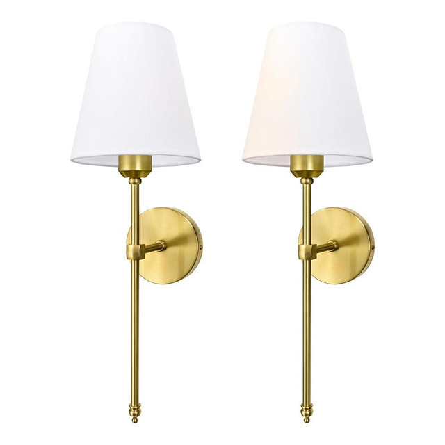 Bsmathom Wall Sconces Sets of 2, Hardwired Classic Brushed Brass Sconces Wall Lighting, Bathroom Vanity Light Fixture with Fabric Shade for Bedroom Living Room Hallway Kitchen, Bright Gold
