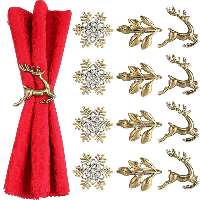 Patelai 12 Pcs Christmas Napkin Rings Xmas Metal Leaf Elk Reindeer Rhinestone Snowflake Napkin Ring Holders Dinner Table Rings Decoration for Christmas (Bronze)