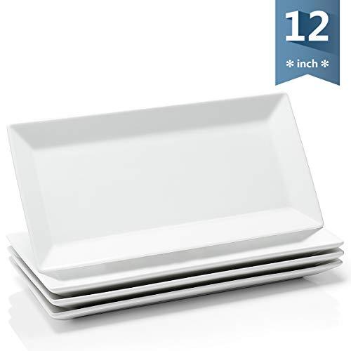 Sweese 705.101 12 Inch Porcelain Rectangular Plates, White Serving Trays for Parties - Stackable, Set of 4