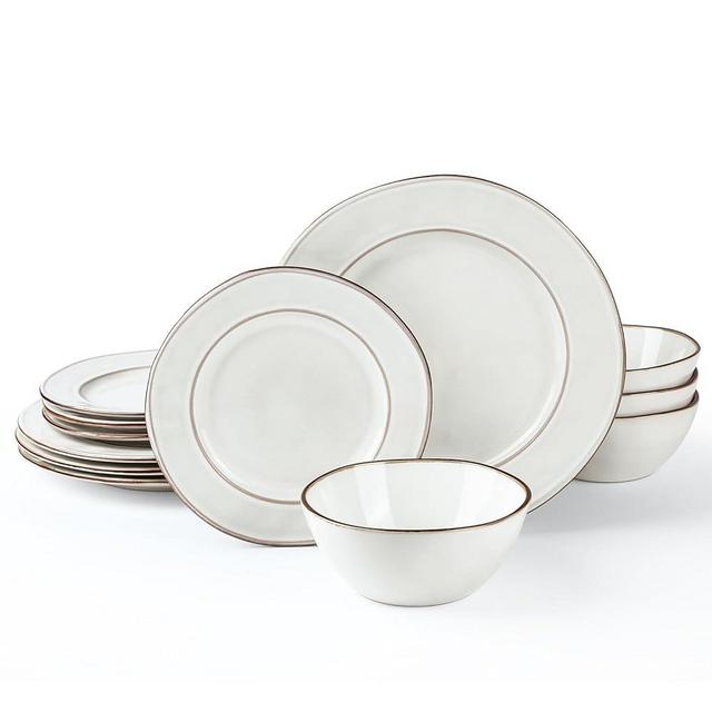Famiware Aurora Plates and Bowls Sets, 12 Piece Dinnerware Sets, Dishes Set for 4, Irregular Stoneware Plate Set, Reactive Glaze, Microwave & Dishwasher Safe, Scractch-resistant, Pearl White
