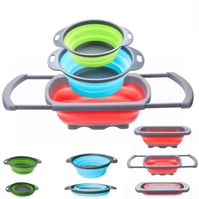 Collapsible Colander - Over the kitchen sink strainer - Silicone Kitchen Strainer Set of 3-6 quart,3 Quart and 2 Quart for Draining Pasta, Vegetable and Fruit (Multi)