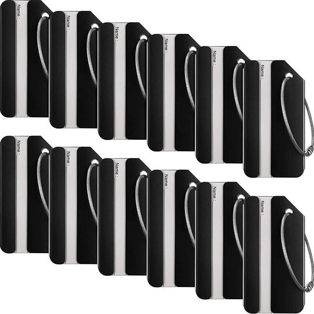 12 Pieces Luggage Tags Business Card Holder Aluminium Metal Travel ID Bag Tag for Travel Luggage Baggage Identifier (Black)