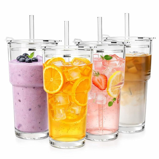AiMQnLe Clear Iced Coffee Cups with Lids - 4 Pack, 20oz Reusable Glass Cups with Lids and Straws, Drinking Tumblers for Cocktail Beer, Juice, Smoothie, Coffee Bar, Housewarming Gifts - Dishwasher Safe