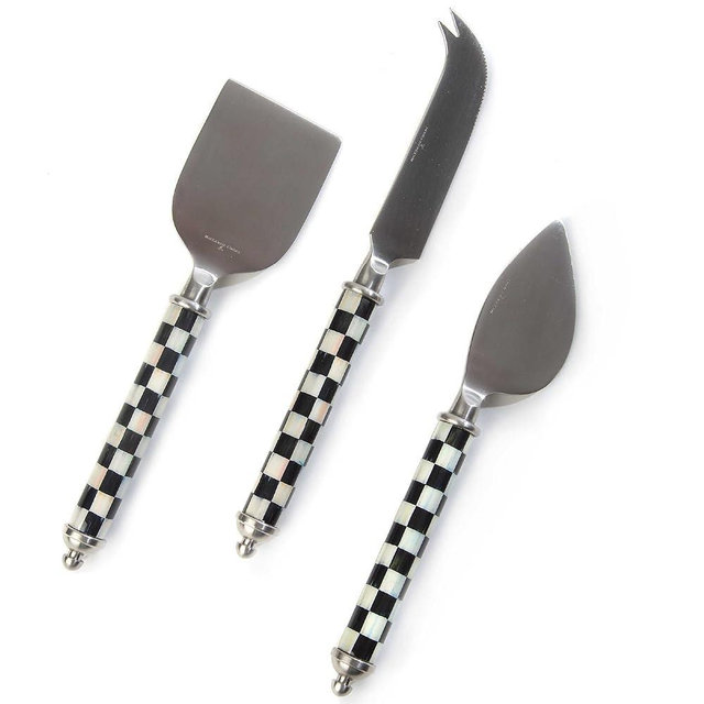 MACKENZIE-CHILDS Supper Club Cheese Knife Set, Stainless-Steel Cheese Slicers, Charcuterie Accessories, Set of 3, Black-and-White Courtly Check