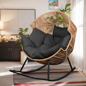 Vongrasig Wicker Egg Chair PE Rattan Rocking Chair with Cushion, Oversized Patio Lounge Rocker Chair for Outdoor, Black