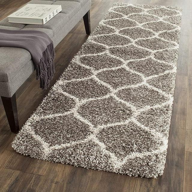 Safavieh Hudson Shag Collection SGH280B Moroccan Ogee Plush Runner, 2' 3" x 8', Grey/Ivory
