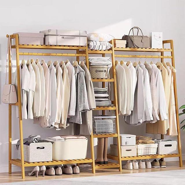 Baveke Bamboo Garment Rack 9 Tier Storage Shelf Coat Clothes Hanging Rack, Portable Wardrobe Closet Organizer With Top Shelf, Shoe Storage Shelves for Bedroom (Natural - 74.8 in)