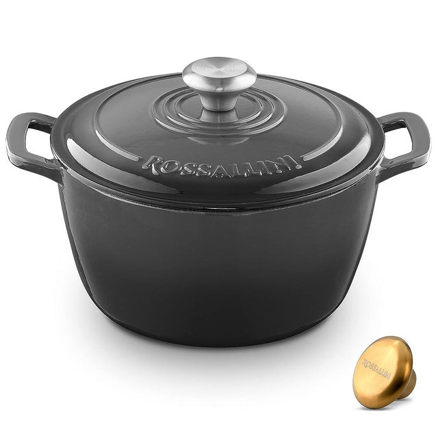 ROSSALLINI Signature Enameled Cast Iron Dutch Oven, Non-Stick Serving Pot with Tight Fitting Lid for Perfect Roasting, Baking, Sauteing, and Bread Making | 5.5Q (5.2L) - Oyster Grey