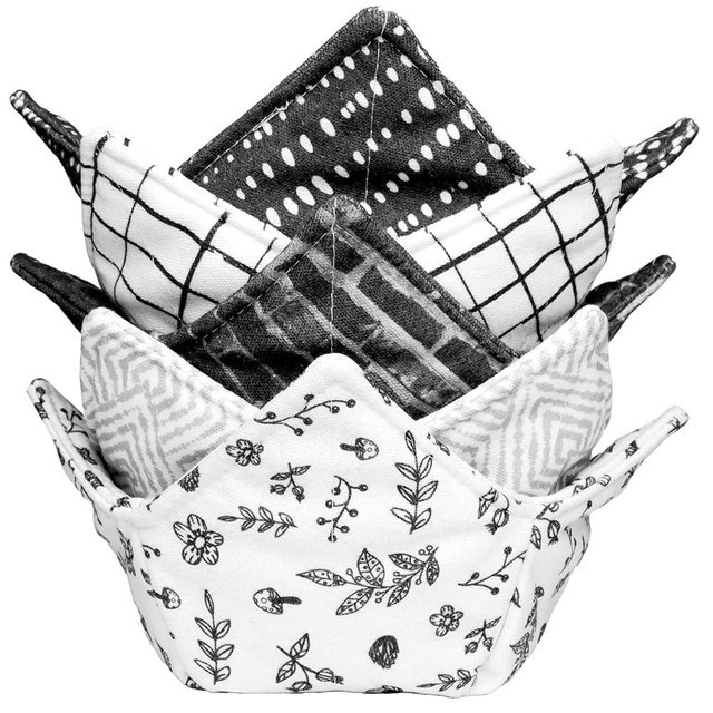 CIPIMEY Cotton Microwave Bowl Cozy Holders, Microwave Safe Hot bowl Holders, bowl Snuggies, Soup Bowl Cozy (Black White)