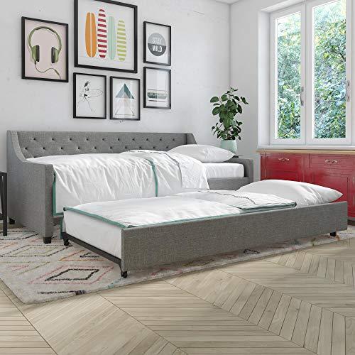 Novogratz Her Majesty Upholstered Daybed with Trundle, Twin Size Frame, Grey Linen