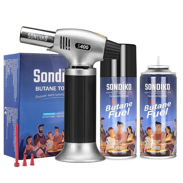 Sondiko Kitchen Torch With Butane 2 Pack included, Butane Torch Lighter Blow Torch with 175 Ml Butane Refill for BBQ, Creme Brulee, Baking.