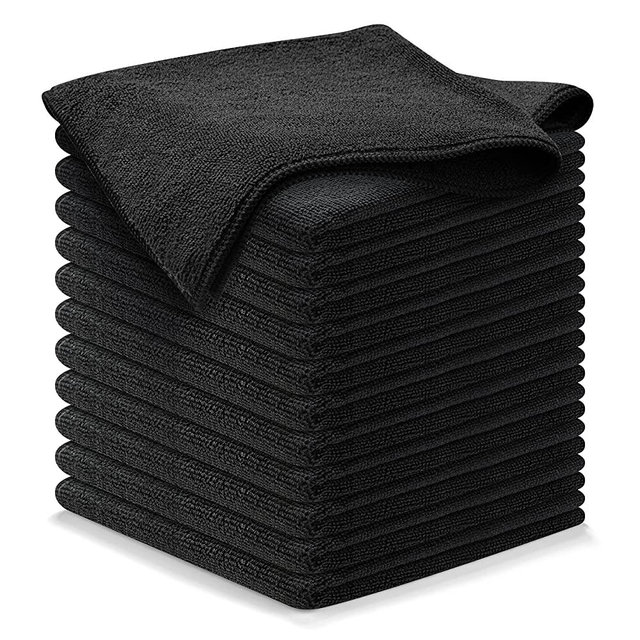 Microfiber Cleaning Cloth BLACK-12Pcs (16x16 in) High Performance, 1200 Washes - Grip-Root Ultra-Absorbent Weave Traps Grime & Liquid for Streak-Free Mirror Shine - Scratch Proof & Lint Free -Towel