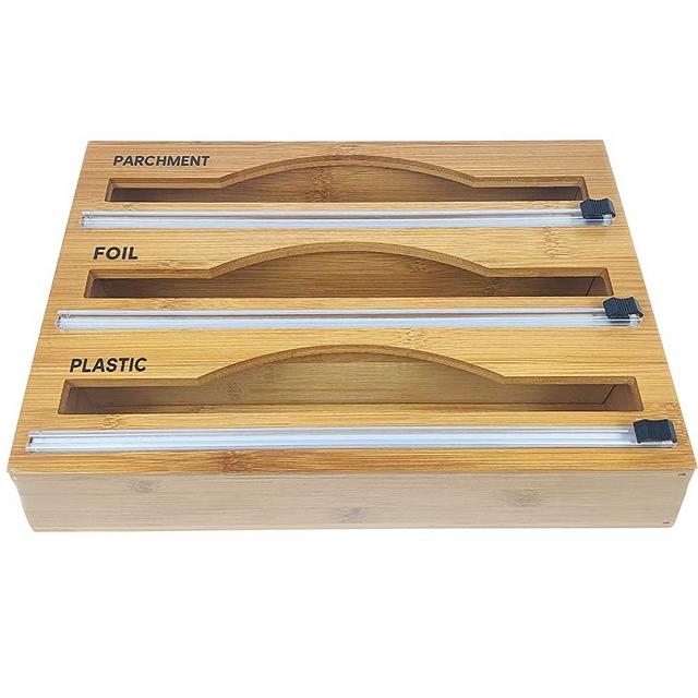Bamboo Foil and Plastic Wrap Organizer - 3 in 1 Wrap Dispenser with Cutter and Labels - Compatible with 12-Inch Roll, Plastic Wrap, Wax Paper, Parchment, and Aluminum Foil Organization and Storage