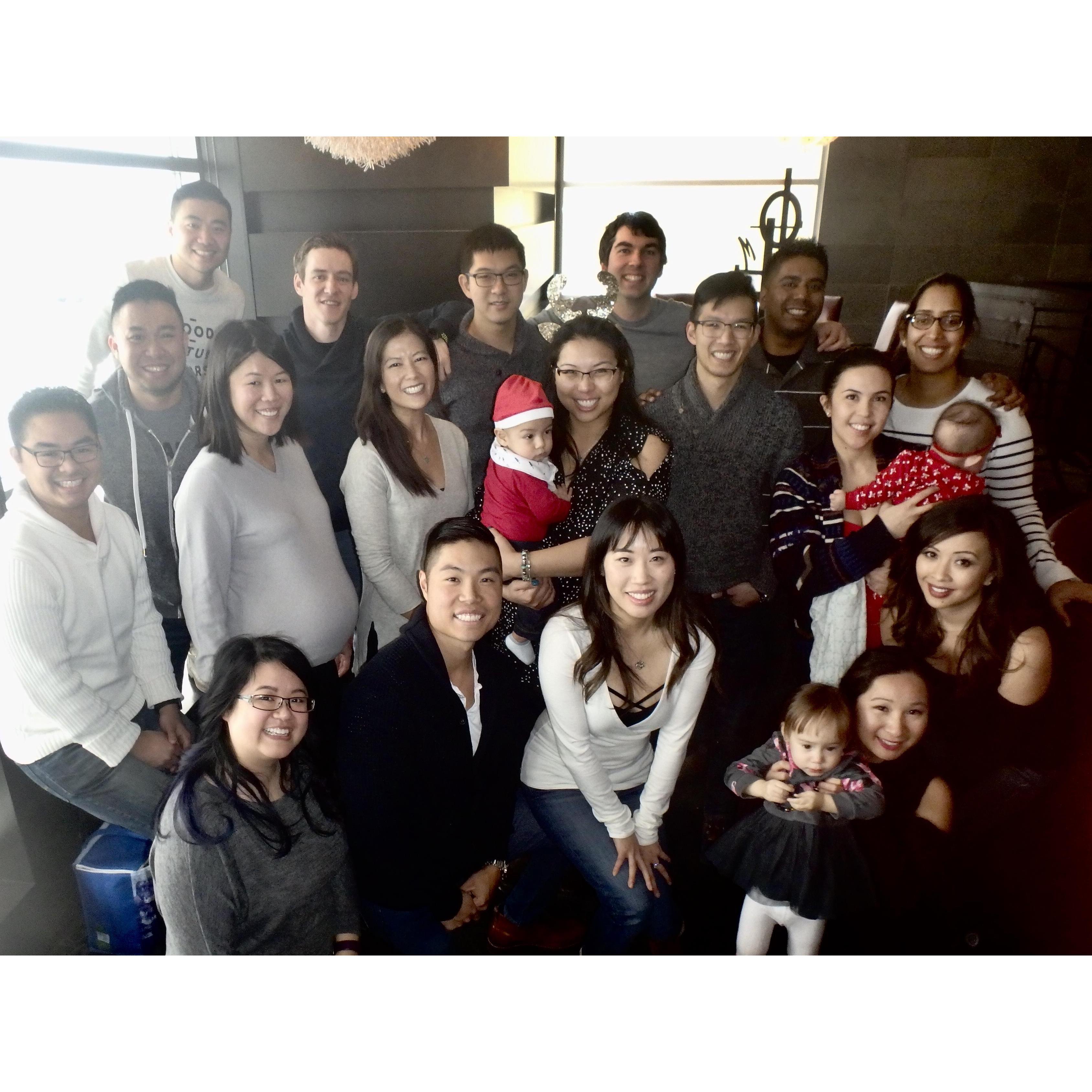 Getting together with friends during the holiday season. The kids are festive in red!