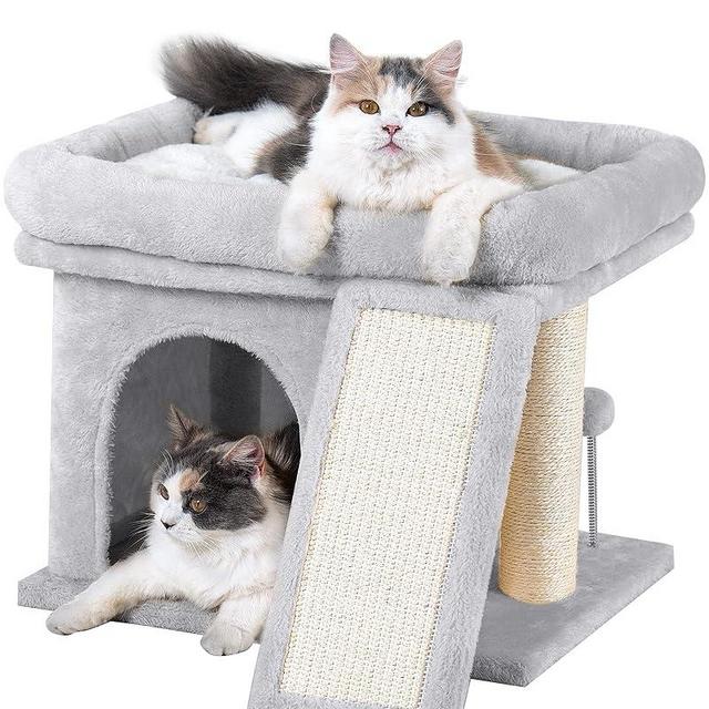 Aechonow Small Cat Tree Tower for Large Cat, Cat Bed House with Large Perch for Adult Cats, 20 * 16.5 Inch Big Platform for Indoor with Super Cozy Mat, Large Condo with Scratching Post, Light Gray
