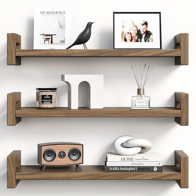 Vailando Floating Shelves for Wall, Set of 3 Solid Wood Wall Mounted Shelves, 16" Rustic Walnut Display Shelf for Bedroom, Living Room, Bathroom, and Kitchen Decor - Heavy-Duty & Natural Pine
