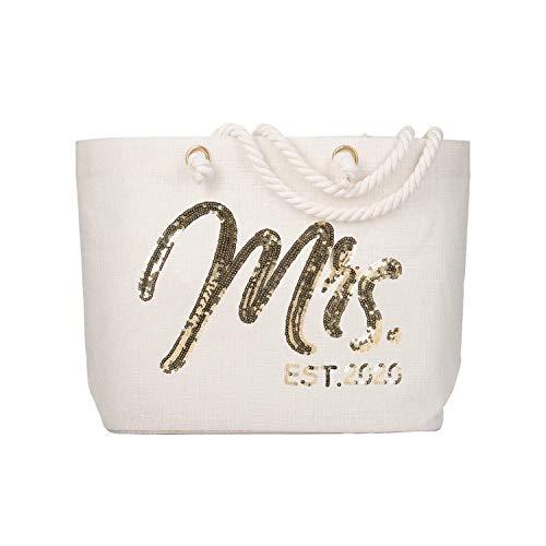 ElegantPark Wifey Wedding Bride Tote Bridal Shower Gift Interior Pocket White Jumbo Shoulder Bag with Gold Sequin 100% Jute