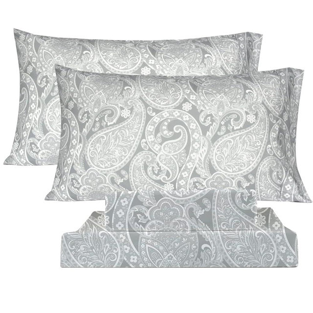 KACEMOO California King Size Sheets, Soft Gray Paisley Bed Sheets, Floral Printed Pattern Sheet Set with Deep Pocket, Breathable 1800 Thread Fitted Microfiber Bed Sheets