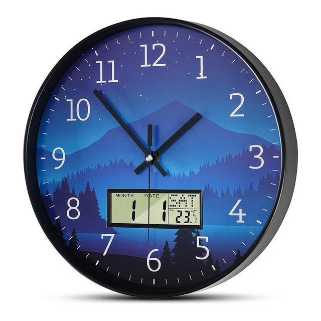 Mee 2ou Wall Clock, 12 Inch Dial Non-Ticking Silent Wall Clocks Battery Operated Analog with LCD Display for Calendar and Temperature Modern Wall Clock for Living Room, Bedroom, Kitchen, Office Decor