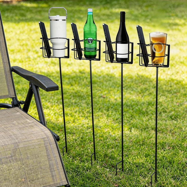 QCF Outdoor Cup Holders Beach Metal Drink and Phone Holder,Portable Heavy Duty 4-Piece Beer & Beverage Stakes Set,Suitable for Oudoors Activitie,Camping & Picnics,Yard Party,Holds Cans,Bottles & Cups
