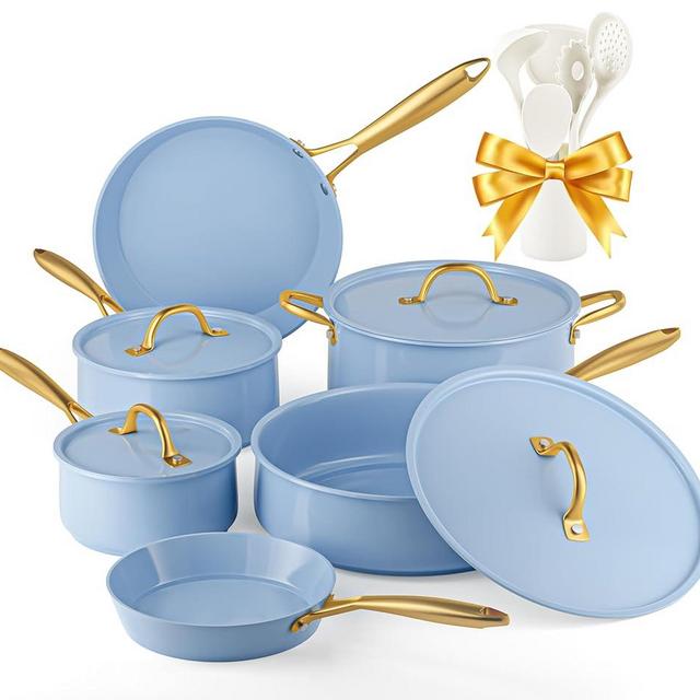 Pots and Pans Set - VONIKI Healthy Ceramic Cookware Set with Cooking Utensils Set, Non Toxic Kitchen Cookware Sets, Nonstick Cooking Pot Induction Cookware, Dishwasher Safe, Oven Safe, PFAS-Free, Blue