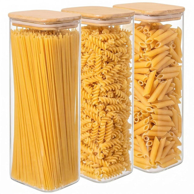 Xoniwis 3-Pack 2.2Qt Rectangle Glass Spaghetti Jars with Bamboo Lids, Tall Food Storage Containers for Pantry Organization, Elegant Kitchen Storage Canister for Pasta, Penne, Macaroni, Lasagna